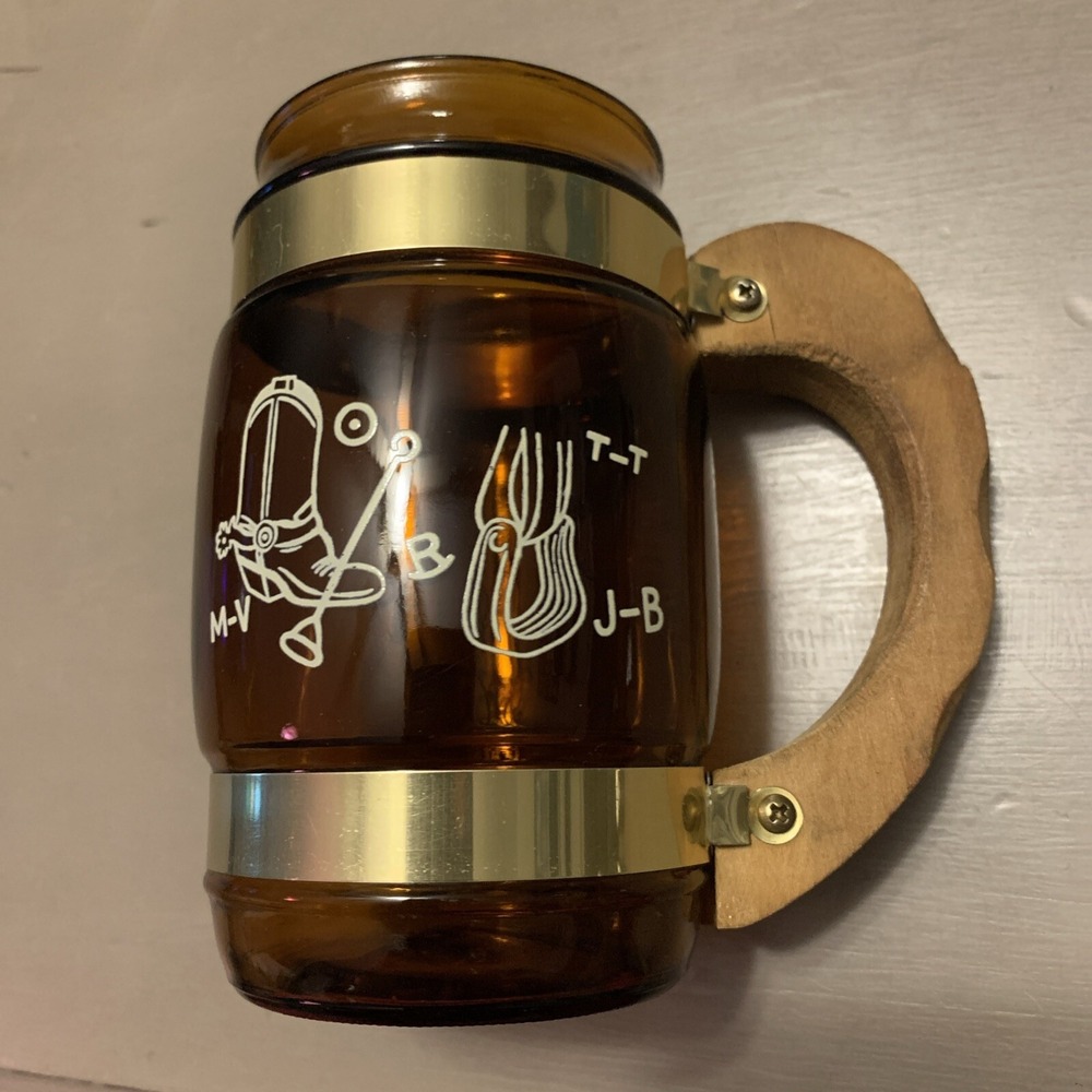 Vintage‎ Siesta Ware Mug Western Print Wood Handle Wisconsin 70's Bar